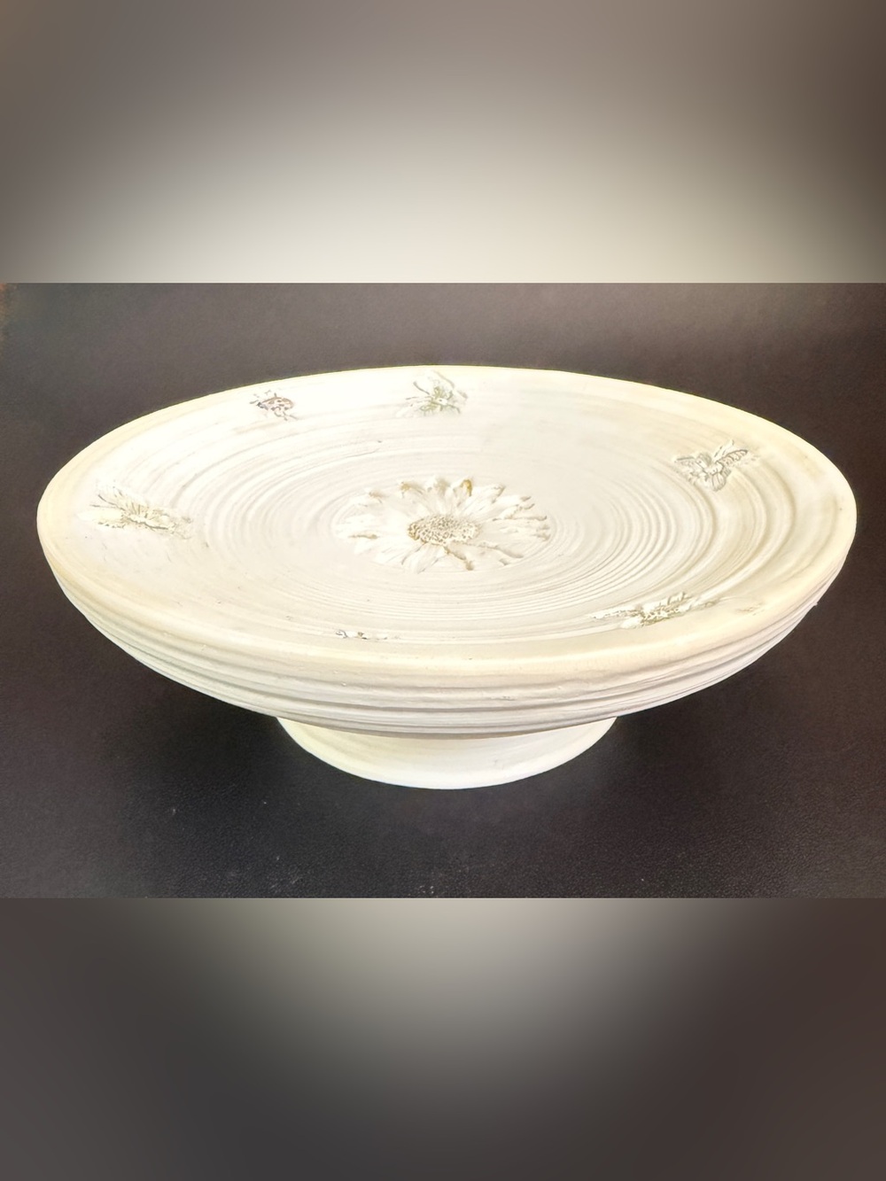 Stoneware Pedestal Bowl Compote Daisy Bee Butterfly Garden Cottagecore 5.5” D